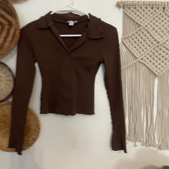 Women's TOPSHOP Cropped Collared Sweatshirt in Brown Size 2 Xs Trendy - Picture 5 of 9